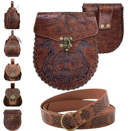 YOUYIKE Medieval Embossed Belt with Nordic Embossed Belt Bag, Vintage Faux Leather Belt and Side Pocket Set, PU Leather, Retro Knight Belt, Belt for Men, c