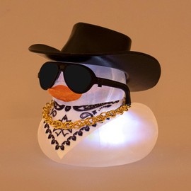 wonuu Car Rubber Duck with Light, Yellow Ducky with Bandana Necklace Sunglasses for Dashboard Decoration, White Light-Solid Black Cowboy Hat