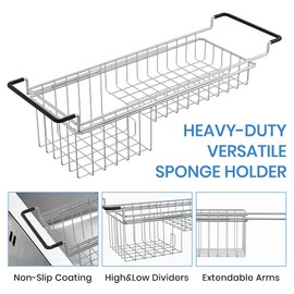 TreeLen Over The Kitchen Sink Caddy Sponge Holder Organizer Drying Rack Expandable for Sponge Brush Soap 13.8" to 20.8", Stainless Steel