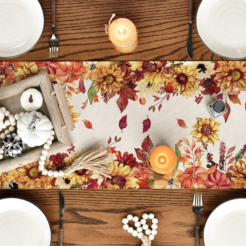 Artoid Mode Sunflower Eucalyptus Leaves Fall Table Runner, Seasonal Autumn