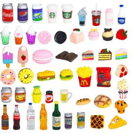 50 Pcs Miniature Food Drink Bottles Soda Pop Cans Pretend Play Kitchen Game Party Accessories Toys Hamburg Cake Ice Cream for 1/12 Doll House (25Food+25Drink)