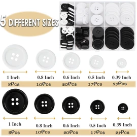 EuTengHao Botones de costura de resina redondos, color blanco y negro, botones de manualidades de 4 agujeros con caja de almacenamiento de compartimento separado, 5 botones de tamaño para camisas,