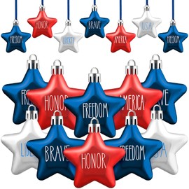 Honoson 4th of July Ornaments Independence Day Hanging Ornament Small Patriotic Star Ornaments Mini Printed Memorial Day Ornaments for Tree Decorations Decor(Red, Navy Blue, Silver, 48 Pcs)