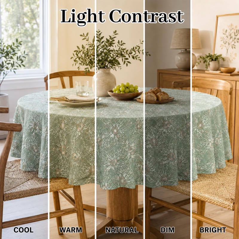 Sage Green Round Tablecloth, Abstract Floral Design, 70 in