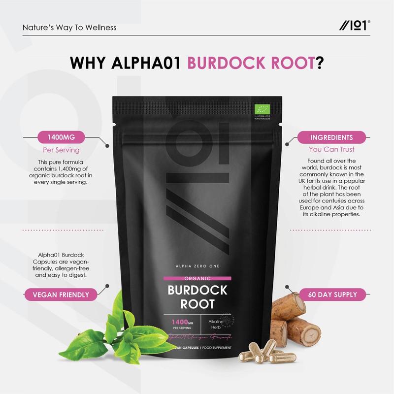 Organic Burdock Root 1400mg - High Strength Alkaline Arctium Lappa