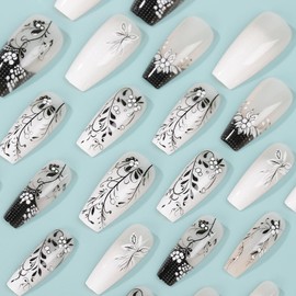 24 Pcs Press on Nails Long Square Nails Acrylic Black White Gradient Flower Design French Tip Fake Nails Classic Glue on Nails Full Cover Gel French False Nails for Artificial Women DIY Manicure