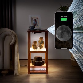 FENLO Flare - Side Table with Glass Shelves, USB-C Charging, Adjustable Lighting, App/Remote Control, 25 inches (Walnut)