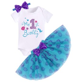 FYMNSI Traje de sirena para el primer segundo tercer cumpleaños para bebé niña, falda tutú, diadema brillante, juego de ropa para tartas, accesorios para fotos, Azul, 1T