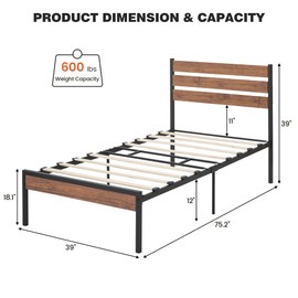 IDEALHOUSE Twin Size Wood Platform Bed Frame with Rustic Vintage Headboard, Metal Platform Mattress Foundation with Steel Slats Support, No Box Spring Needed, Noise Free