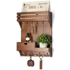 Rebee Vision Farmhouse Key Holder Wall Mount – Decorative Mail Organizer with 9 Key Hooks and Mini Drawer Organizer – Rustic Home Decor for Apartment Essentials (Brown)