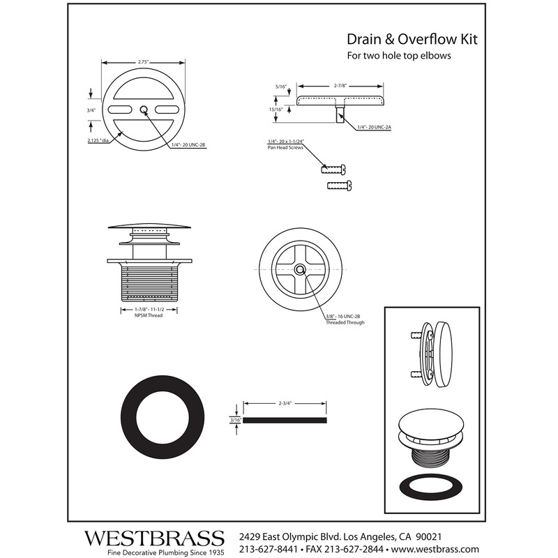 Westbrass A398RK-50 1-1/2" NPSM Coarse Thread Mushroom Tip-Toe Bathtub Drain