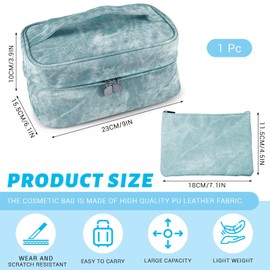 Huakaile PU Leather Makeup Bag with Zipper, Waterproof Large Capacity Makeup Organizer, Portable Travel Cosmetic Cases, Delicate Toiletry Bag for Women (Blue)