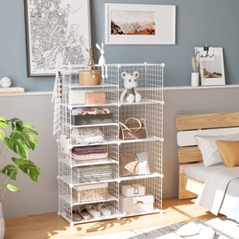 C&AHOME Wire Cube Storage Unit, Interlocking Metal Wire Organizer with Divider Design, Modular Cabinet with Plastic Panels, Bookshelf Stackable Closet Organizer with Small Hooks, White UWCSIM08W