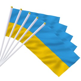 AhfuLife Ukraine Hand Wave Small Flags 5.5 × 8.2 Inch, 10 Pcs Ukraine Small Flags on Sticks with 11.8 Inch Pole for Olympic Party Decorations, Club Garden Decoration