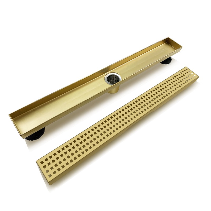 TECFORG 24 Inch Gold Rectangular Shower Drain with Removable Quadrato