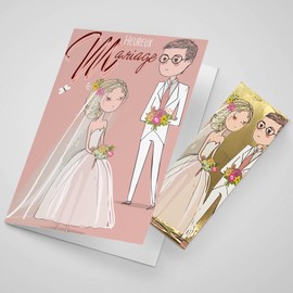 Afie 63-1157 Happy Wedding Card with Bookmark in Shiny Gold Illustrated with Bride and Groom Flowers Boho Chic Soft Pink - Envelope Included - Made in France