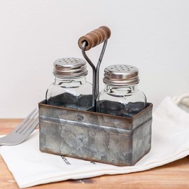 Synovana Salt and Pepper Shakers Set with Holder, Rustic Salt and Pepper Shakers with Galvanized Metal Caddy, Vintage Farmhouse Salt and Pepper Set for Restaurant Kitchen Table Decor
