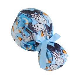 Scrub Caps Women Ponytail – Blue Butterfly Double-Sided Printed Surgical Hat with Buttons and Sweatband, Soft Nurse Cap for Long Hair, Helps Reduce Static Buildup
