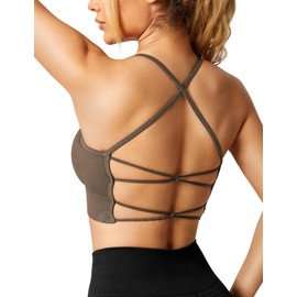 ZAAYO Women Sports Bra Crossback Fitness Gym Bra Removable Breast Pad Yoga Tops Knitted Seamless Sportswear Chestnut Brown M