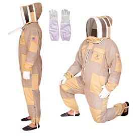 US APIARY 3 Layer Bee Suit with Fencing Veil One Pair Gloves Sting Proof Ventilated Beekeeping Suit (Khaki, Large)