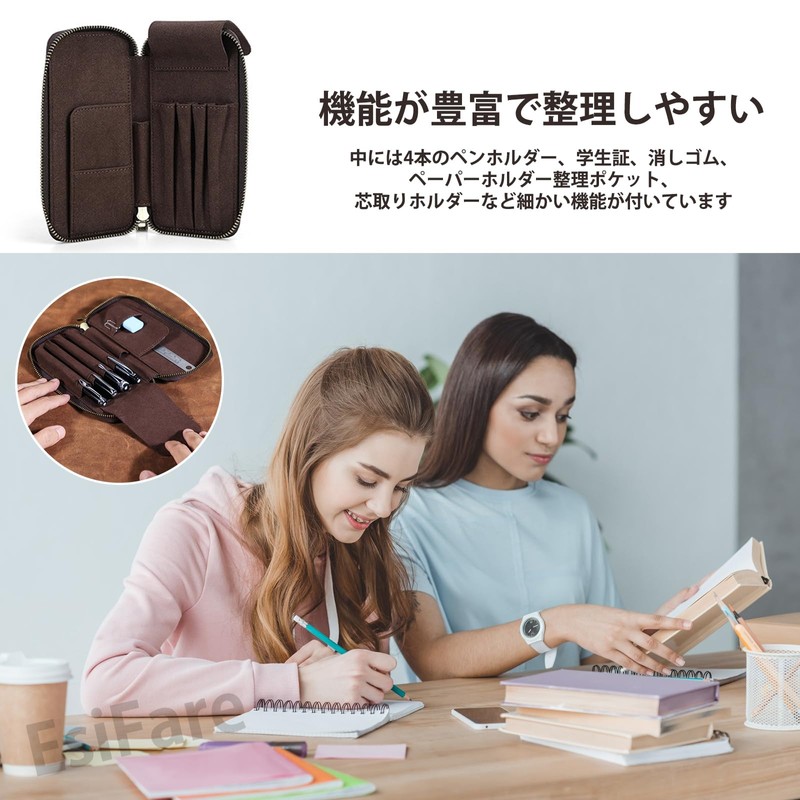 EsiFare Crazy Horse Leather, Retro Leather Pen Case, Multi-Stationery Pouch,
