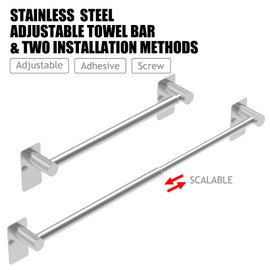 MIROAMZ Towel Bar, Adjustable 14.4inch - 25.2inch, Self Adhesive & Wall Mounted for Bathroom Kitchen Hand Towel Rack Holder Cloths Hanger SUS 304 Stainless Steel Organizer Single Bar Nickel Brushed