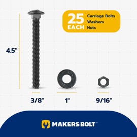 3/8" x 4-1/2" (25 Pack) Black Carriage Bolt Kit, Grade 307A, Ceramic Coated for Exterior Use, 2X Rust Resistance of Galvanized by Makers Bolt