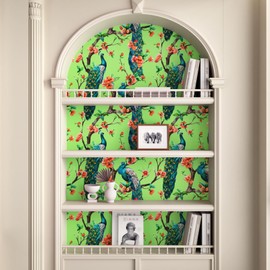 Mangoloo Peacock Wallpaper Stick and Peel Green Blue Vintage Floral Wall Paper Removable Peacock Contact Paper for Cabinets Shelf Liner Self Adhesive Wallpaper for Bathroom Bedroom Walls 17.5x102 in