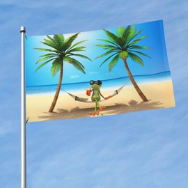 Decorative House Flag, Yard Banner, Hammok, Frog, Toad, Island, Ocean, Palm Tree, Print, Holiday, Welcome Garden, Lawn, Hanging Decoration, 90 x 150 cm (90 x 150 cm)