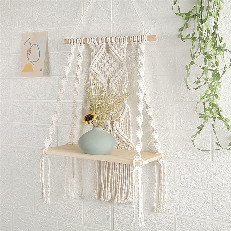 Macrame Wall Hanging Plant Decor Shelf Indoor Outdoor Floating Wood
