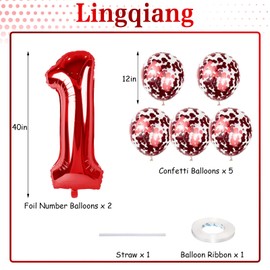 12th Birthday Balloons for Boys Girls, 40 Red Foil Number 12 Balloons with Confetti Latex Helium Balloons, Red Birthday Party Balloons Numbers 1 and 2 for Women Men 12th 21st Anniversary Decorations