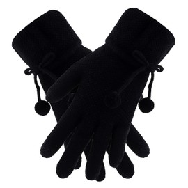 Itzu Ladies Touch Screen Thermal Gloves Knitted Textured Stretch Bow Winter (Black)