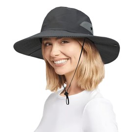 Womens Summer Quick-Dry-Sun-Hat Outdoor - Mesh Wide Brim UV-Protection Beach Fishing Hat with Ponytail Hole Foldable Dark Grey