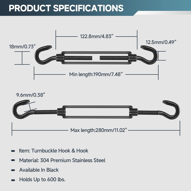 4Pcs M8 304 Stainless Steel Hook & Turnbuckle Hook, 600lbs