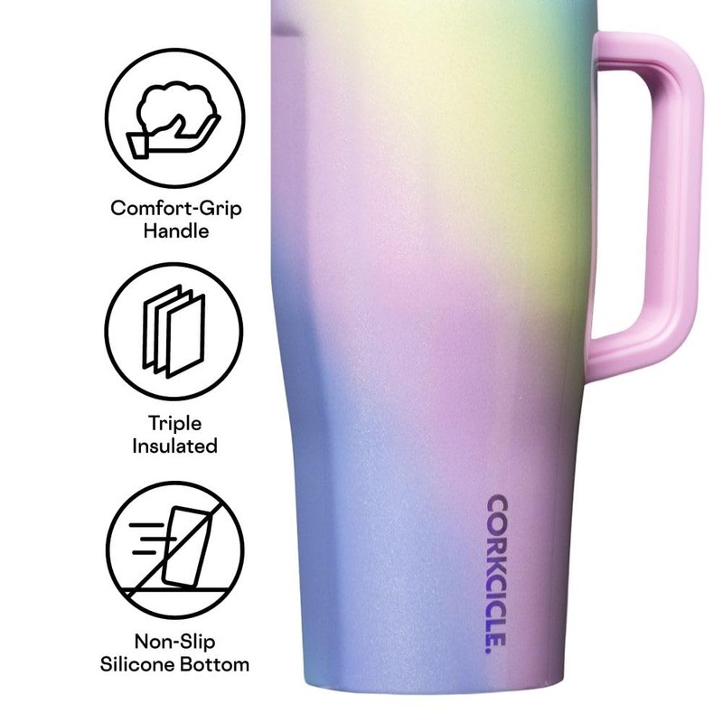 Corkcicle Cruiser Insulated Tumbler with Handle & Straw, Rainbow Unicorn,