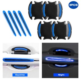 Xotic Tech Car Door Handle Reflective Stickers Scratch Protective Cover Guard, Carbon Fiber Pattern w/Safety Warning Strip (Blue)
