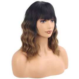 Short Brown Wavy Bob Wig with Bangs Ombre Brown Curly Wavy Wigs for Women Synthetic Shoulder Length Water Wave Wig Heat Resistant Wig for Daily Party Use