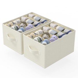 GUOHNHE 2 Pack Cube Shoe Organizer, Fits Up to 24 Pairs, Foldable Space-saving Storage Container Bins, Closet Organizers System with Reinforced Handles, 16.5 x 12.6 x 10.2 In, Beige, XSNX02BE-2