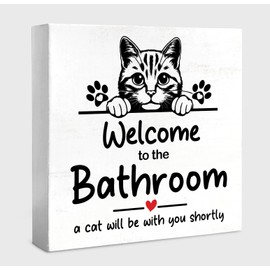 WXHUM Funny Bathroom Cat Decor Wall Desk Wood Box Sign, Welcome To The Bathroom A Cat Will Be With, Gifts for Women Cat Lovers, 5x5 inch