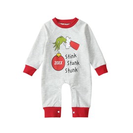 Newborn Baby Girl Boy Christmas Outfit Long Sleeve Romper Jumpsuit Bodysuit Santa Infant Fall Winter Clothes (D-Grey Stink Stank Stunk, 6-12 Months)