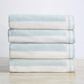 Great Bay Home 100% Cotton Velour 4 Pack Oversized Beach Towels - Light Blue Cabana Stripe Pool Towels - Quick Dry, Large Swim Towels (4 Pack 35" x 70", Light Blue)