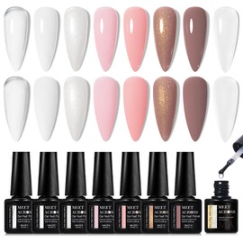 MEET ACROSS 8PCS Nude Gel Nail Polish Set Pink Brown Nail Gel Polish Kit UV/LED Builder Gel Set Soak Off Gel for Women Girl DIY Salon Gift