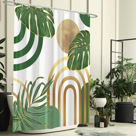 TWLSNCD Boho Green Mid Century Shower Curtain Modern Minimalist Abstract Bohemian Geometric Retro Arch Leaf Waterproof Fabric Bathroom Decor 72" X 84" with 12 Hooks Simple Bath Curtain Sets