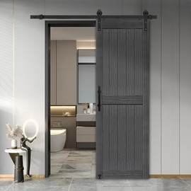 S&Z TOPHAND® 24in x 84in MDF Deep Gray Barn Door with 4FT Sliding Door Hardware Kit, 24-60in Solid Barn Door Slab Covered with Water-Proof PVC Surface, Simple Assembly is Required