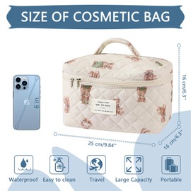 Large Makeup Bag, Cute Cosmetic Bag for Women Girls, Floral Coquette Aesthetic Toiletry Bag, Travel Make Up Organizer Bag (White-Bear)