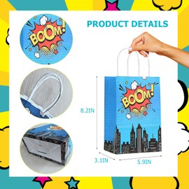 Worlly 24pcs Hero Party Favors Bags and 24Pcs Name Stickers Set, Hero Goodie Candy Bag Gift Bags with Handle, Comic Kraft Paper Bag for Birthday Party Supplies Boom Theme Birthday Decorations