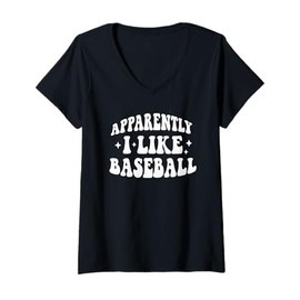 Womens Apparently I Like Baseball Funny Retro Sports Mom or Wife V-Neck T-Shirt