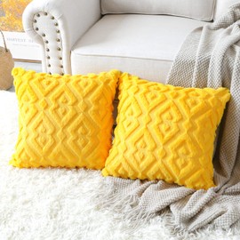 Artscope 2er Set Wolle Kissenbezüge Weicher Plüsch Kurzer Wollsamt Dekokissenbezüge Luxuriöses Sofakissen Europäische Kissenhülle für Sofa Schlafzimmer Geometrische Gold-Gelb, 50x50cm