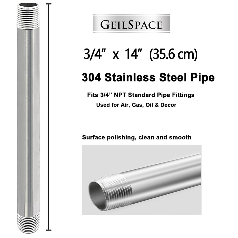 GeilSpace 3/4" x 14" Stainless Steel Pipe, 304 Pipe Nipple