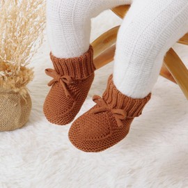 Hadetoto Baby Booties Newborn First Walkers Cozy Shoes Warm Knit Soft Booties for Toddler Infant Boy Girl (Caramel, Infant, 0 Months, Age Range, US Footwear Size System, 3 Months, Medium)